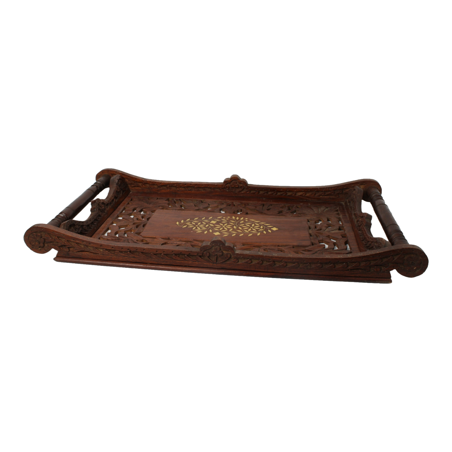 Handmade Indian Wooden Tray with Brass Inlay, Intricate Floral Carving, Decorati