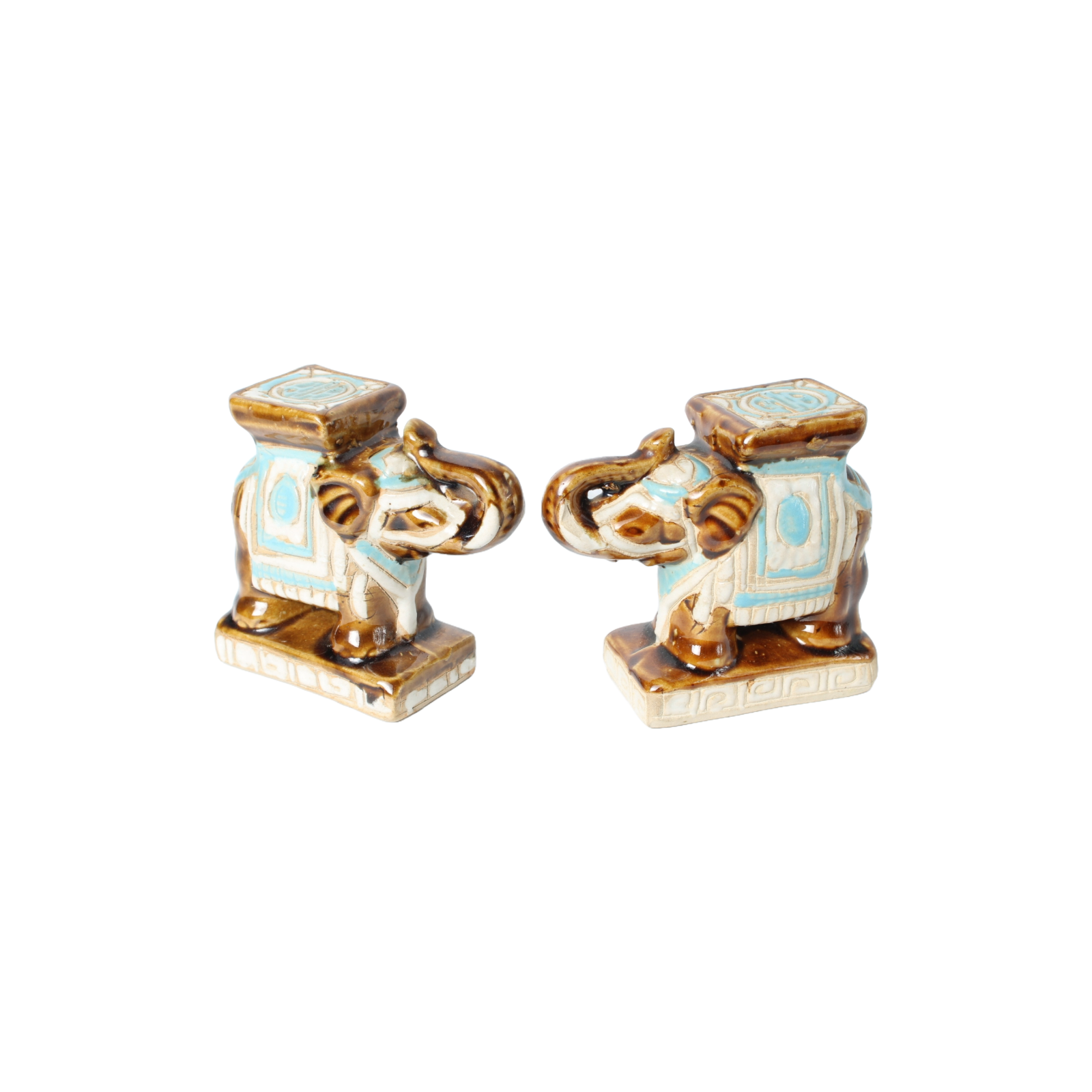 Set of 2 Vintage Ceramic Elephant Figurines with Hand-Painted Blue and Brown