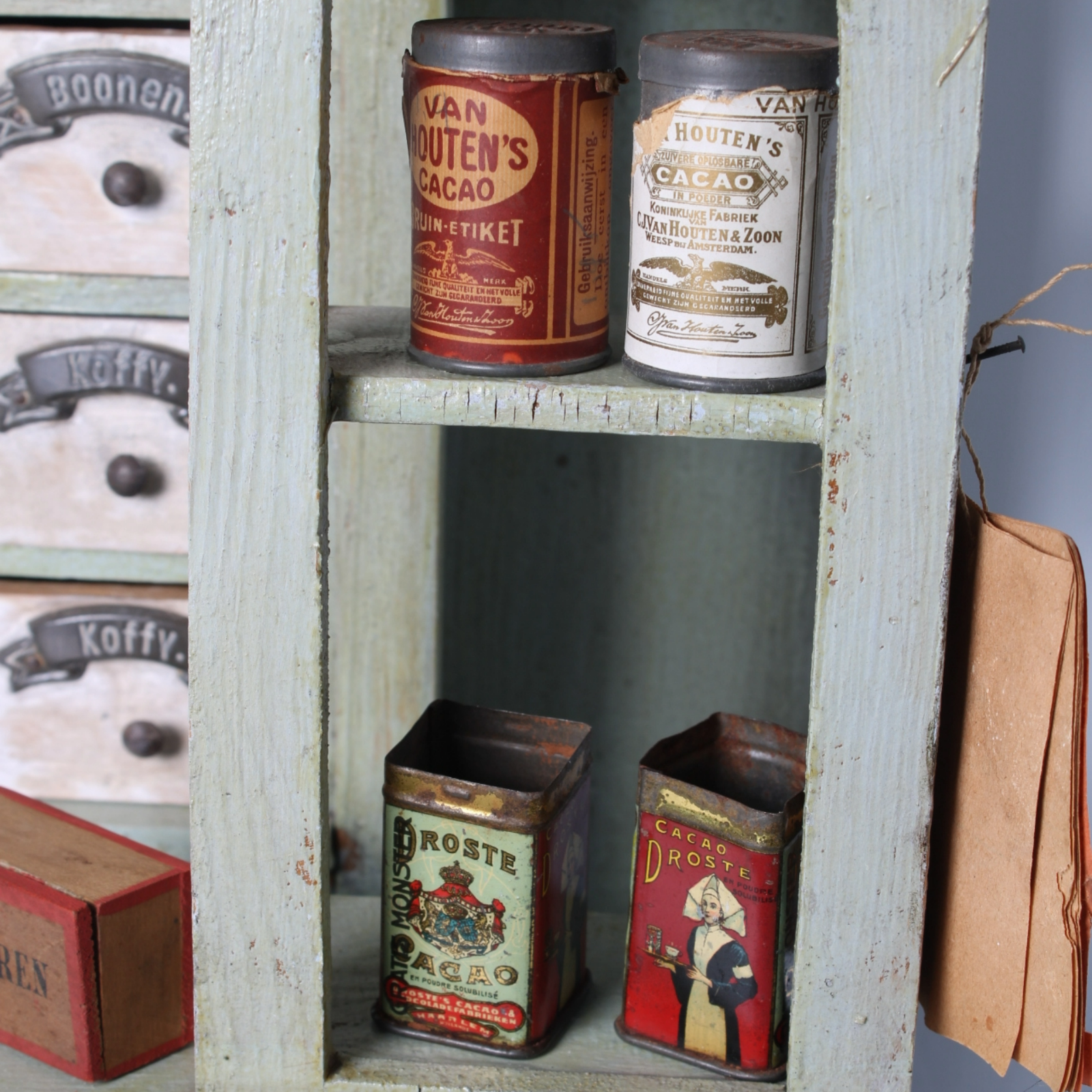Antique Wooden Toy Grocery Store ca. 1900 with Original Drawers, Tins and Labels