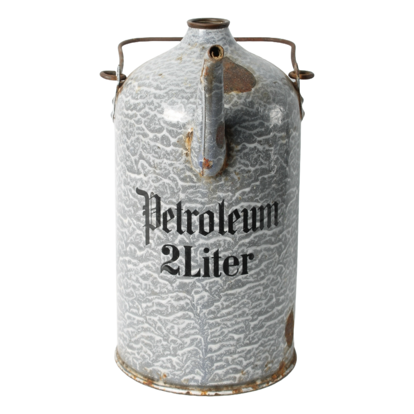 Vintage Enamel Petroleum Can 2 Liter, Gray Marbled Design, Early 20th Century