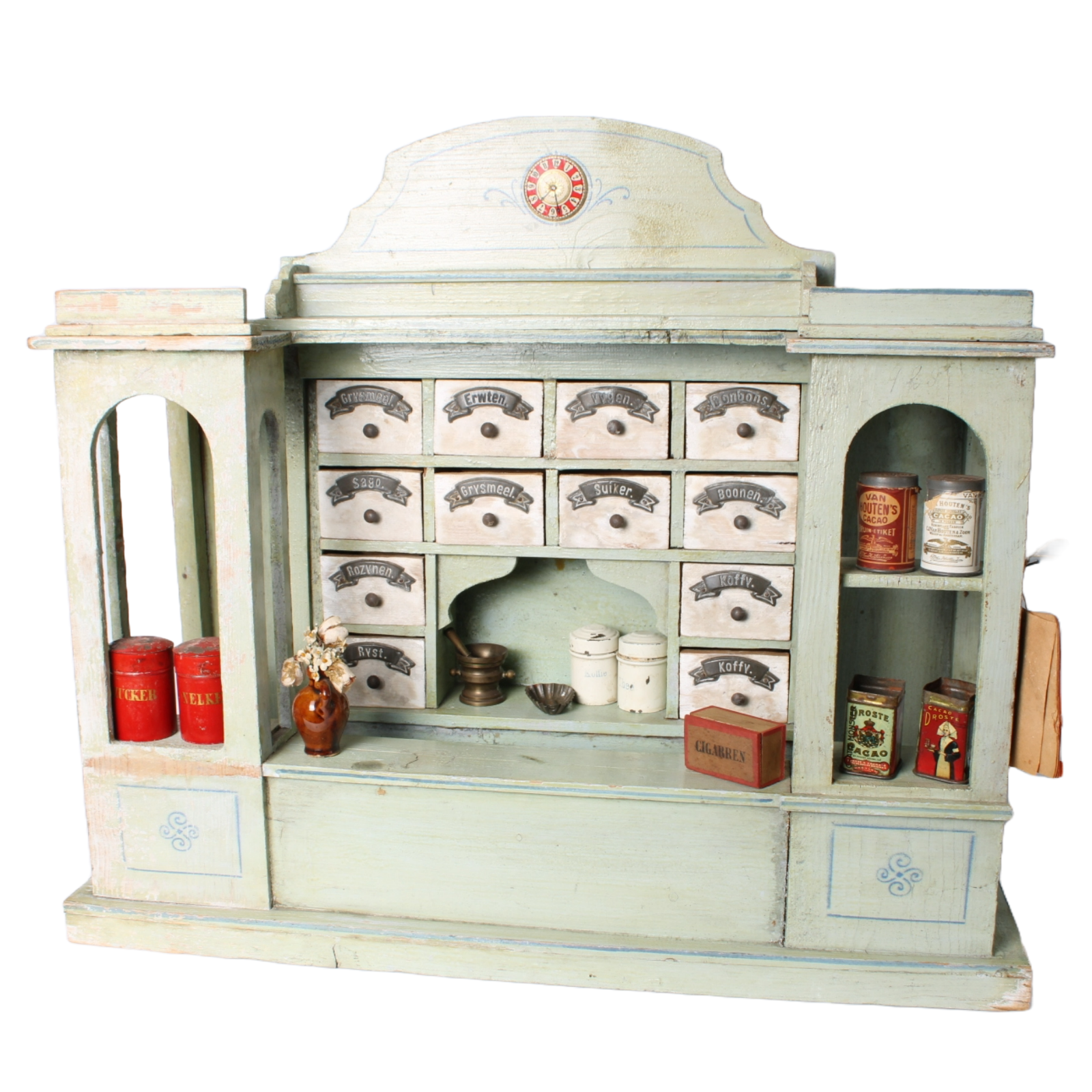 Antique Wooden Toy Grocery Store ca. 1900 with Original Drawers, Tins and Labels