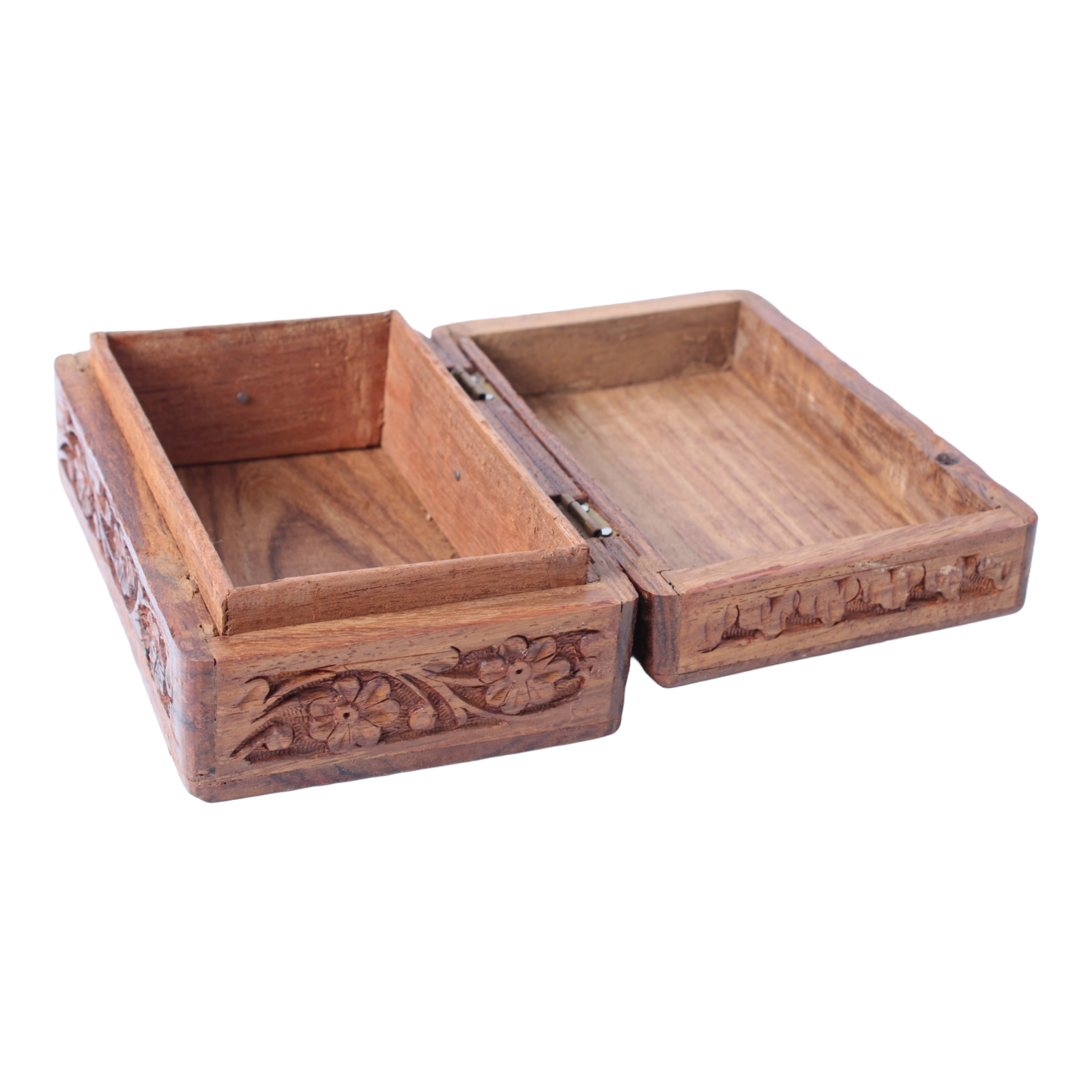 Vintage Hand Carved Floral Inlay Lined Wooden Jewelry Box India Storage Box