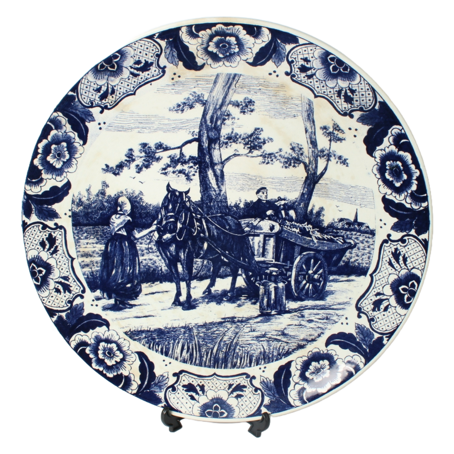 Authentic Chemkefa Delft Blue Decorative Plate with Rural Scene, Horse and Cart,