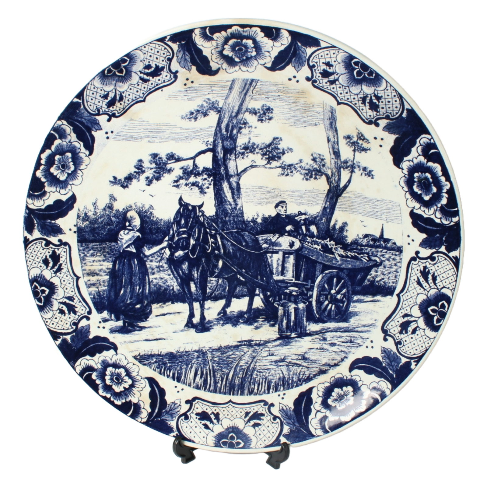 Authentic Chemkefa Delft Blue Decorative Plate with Rural Scene, Horse and Cart,