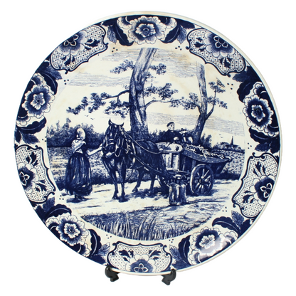 Authentic Chemkefa Delft Blue Decorative Plate with Rural Scene, Horse and Cart,