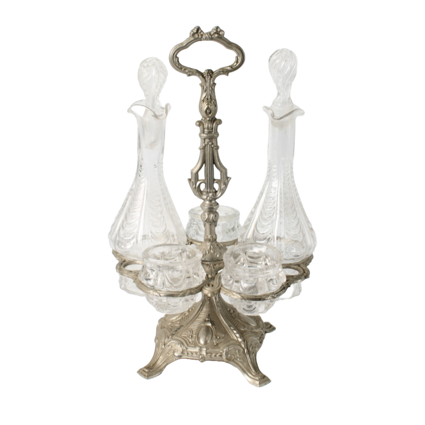 Antique French Silver-Plated Cruet Set with Crystal Bottles, Circa 1880-1900