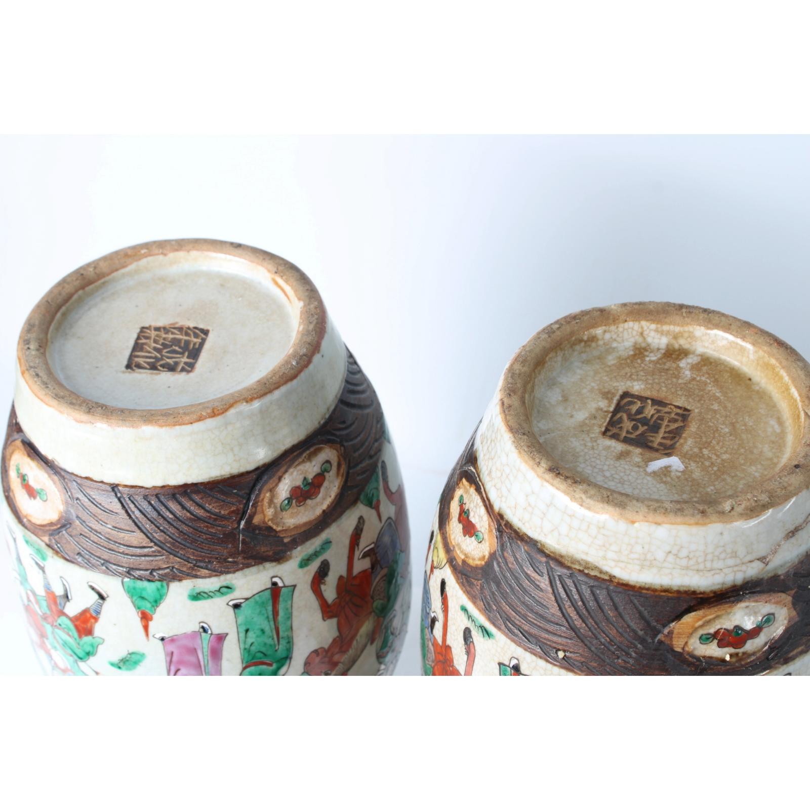 Rare Pair of Antique Chinese Temple Vases in Porcelain with Warrior and Relief