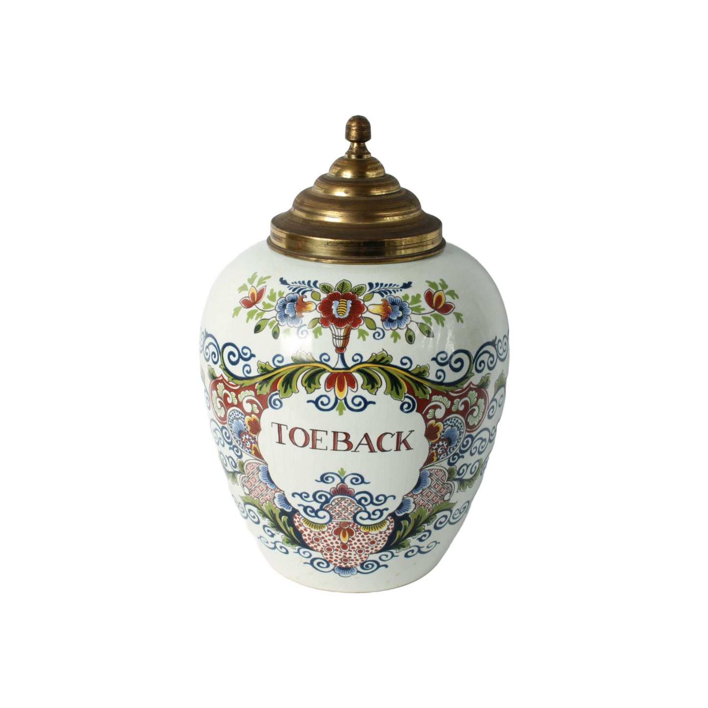 Rare vintage tobacco jar “TOEBACK” with brass lid | Delft blue