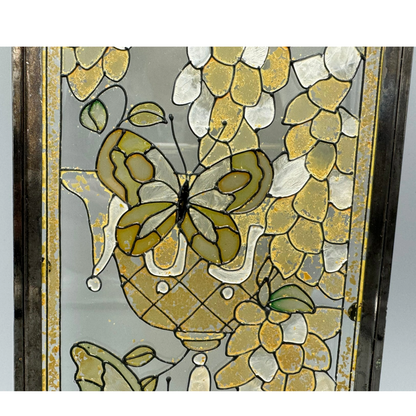 Vintage Hand-Painted Glass Panel, Butterfly and Floral Motif, Unique 1960s Artwo