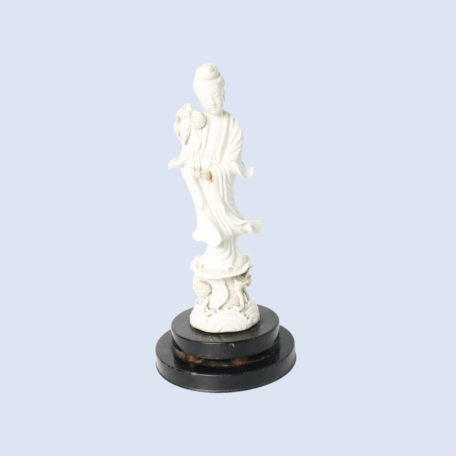 White Porcelain Guanyin Figure on Wooden Base, ca. 1920–1940, Blanc de Chine