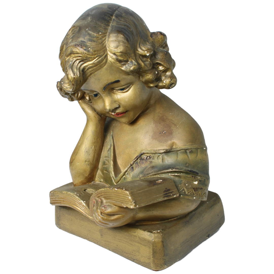Antique Sculpture of Reading Girl ca. 1920-1940 | Gilded Plaster Composite |
