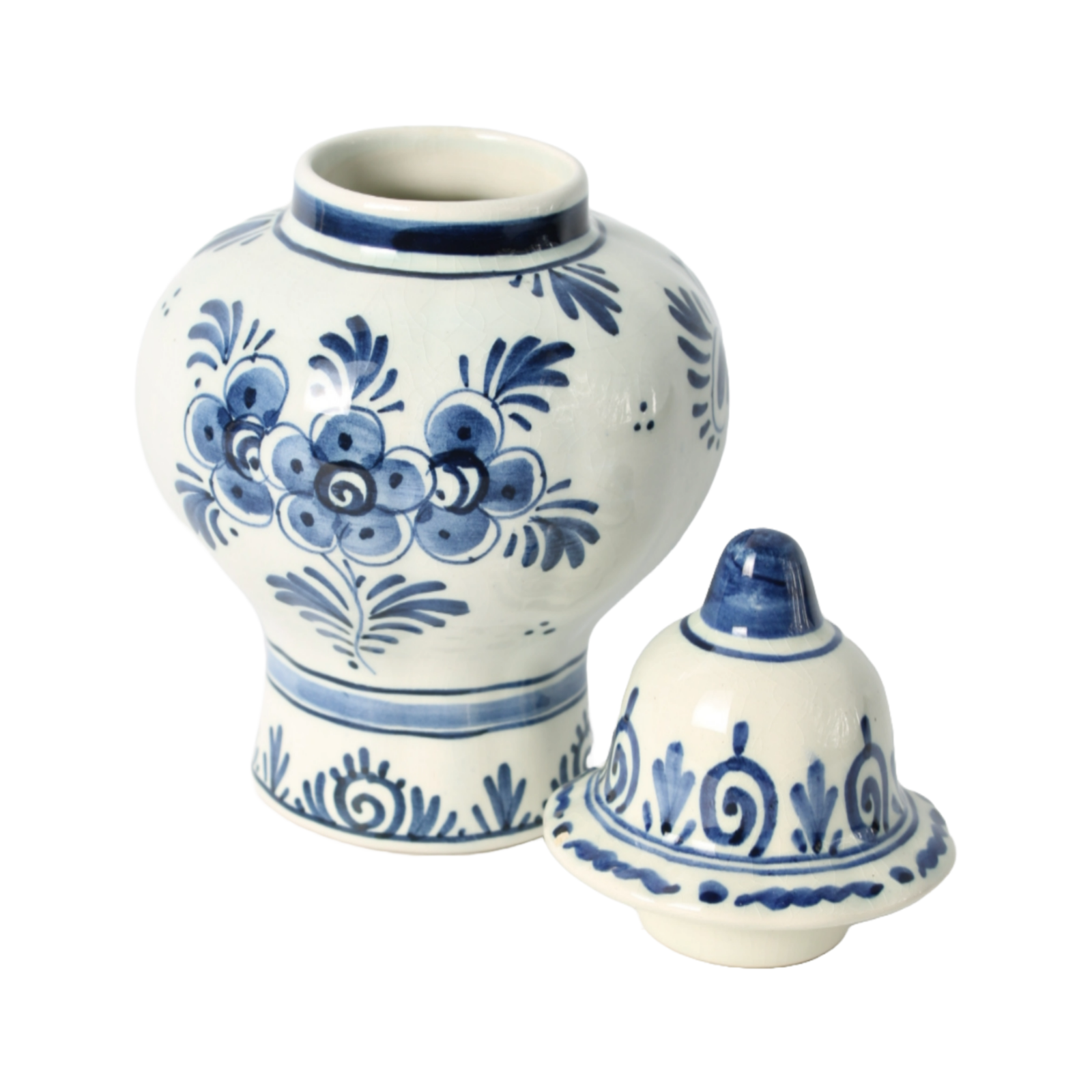 Hand-Painted Delft Blue Ceramic Vase with Lid, Floral Design, Dutch Vintage,