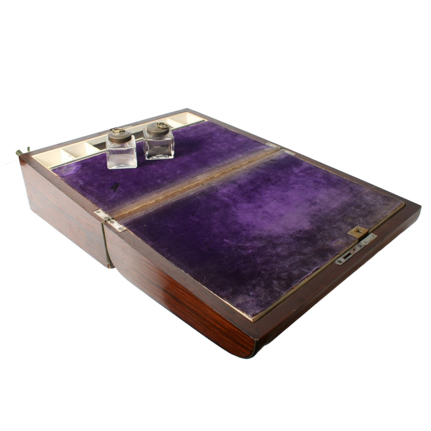 Antique Writing Slope – Wooden 19th Century Writing Box with Purple Velvet Inter