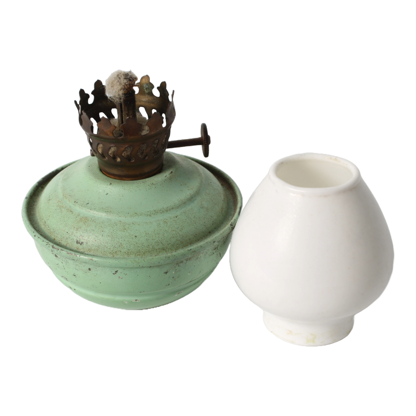 Vintage English Oil Lamp Set – Green Metal Kerosene Lamps with Brass Burner