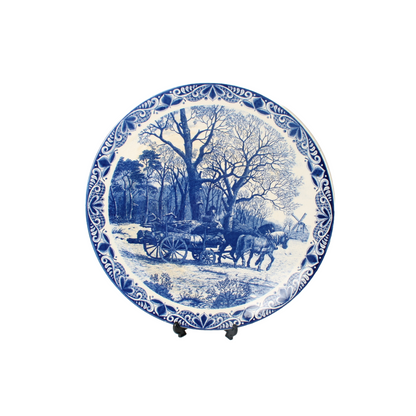 Vintage Delft Blue Ceramic Plate - Winter Landscape with Horse and Windmill 38cm