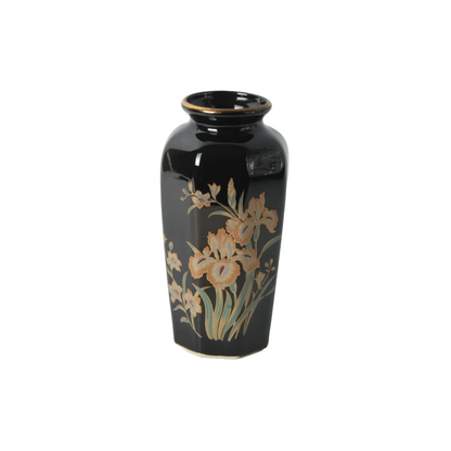 Vintage Hand-Painted Japanese Ceramic Vase with Iris Motif, Black and Gold, 1950