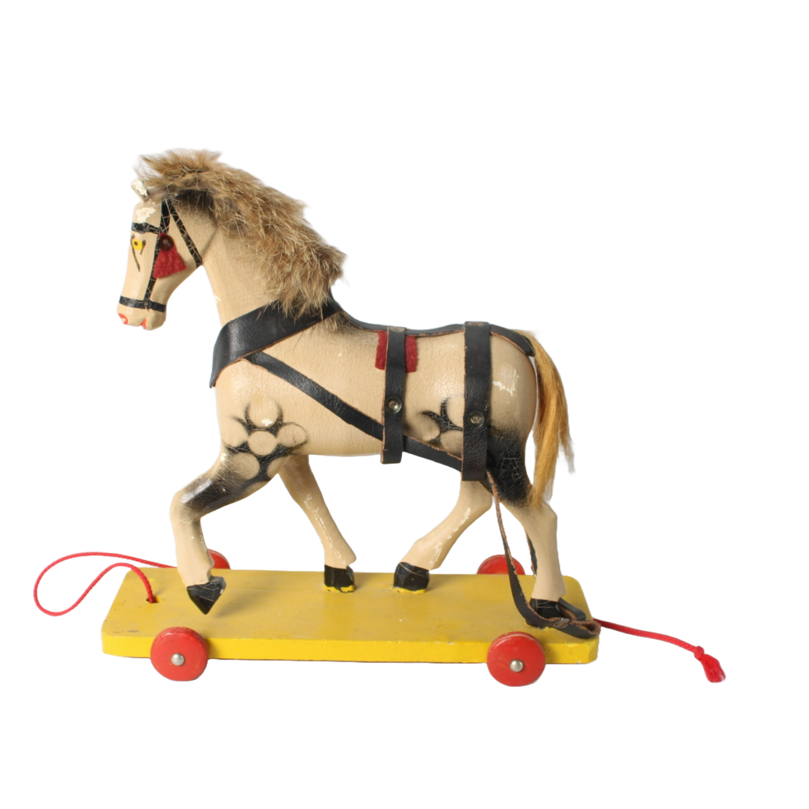 Vintage Handcrafted Wooden Horse Pull Toy on Wheels, 1940s-1950s, Antique