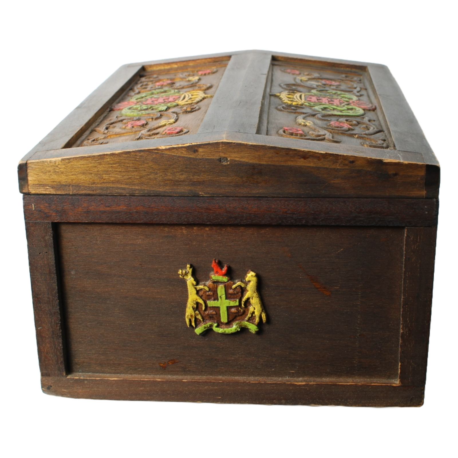 Unique Antique Wooden Chest with Colorful Coat of Arms | Hand-Carved & Painted |