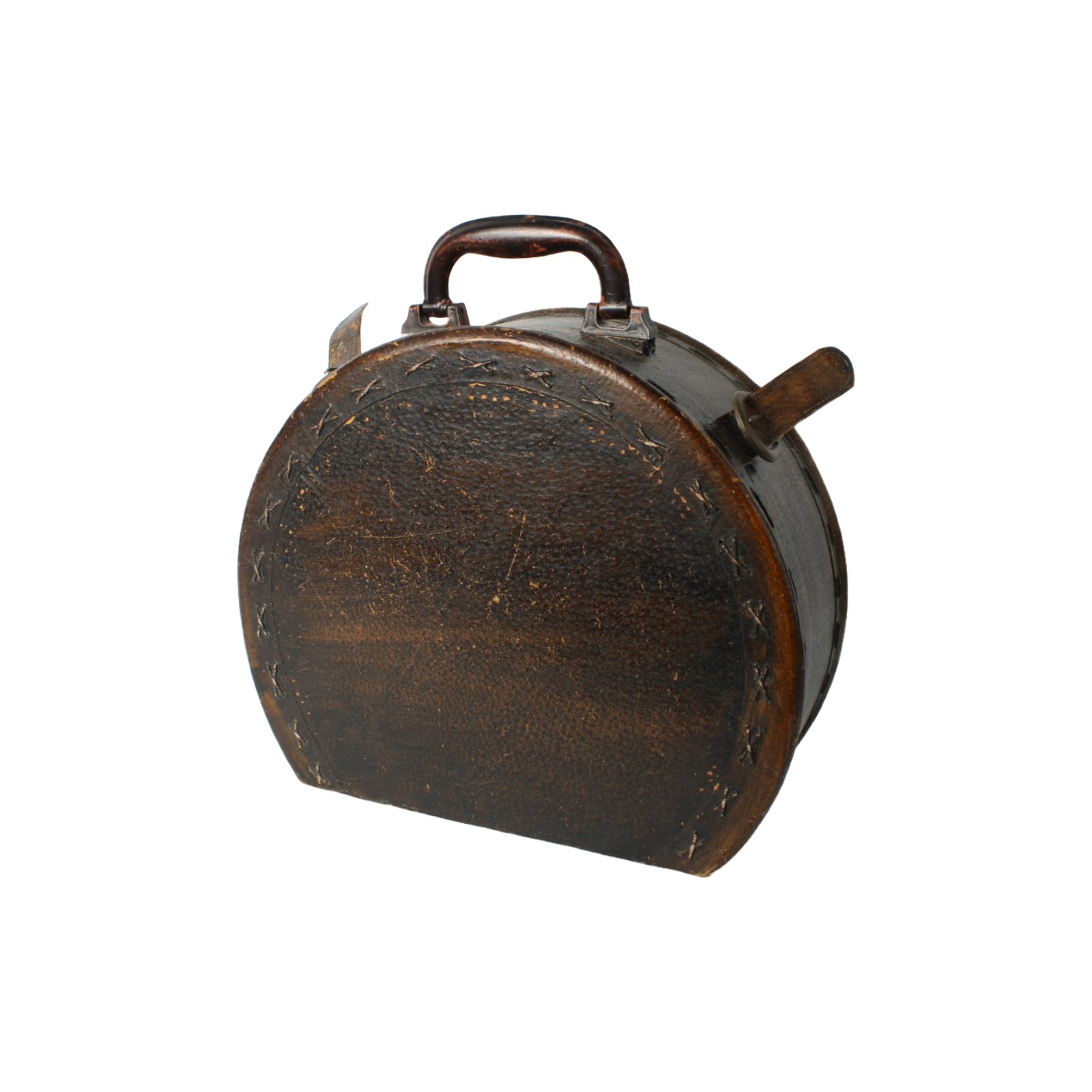 Antique round hat box with leather handle and straps – elegant ladies' travel