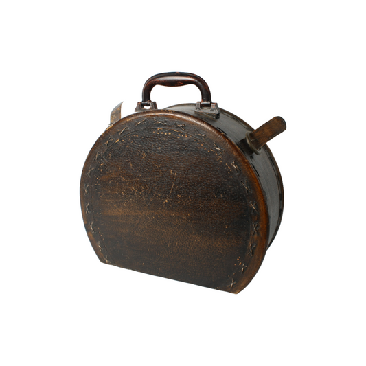 Antique round hat box with leather handle and straps – elegant ladies' travel