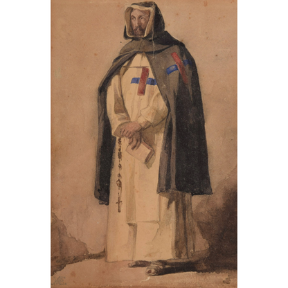 19th Century Watercolor of a Trinitarian Monk with Red-Blue Cross | Framed