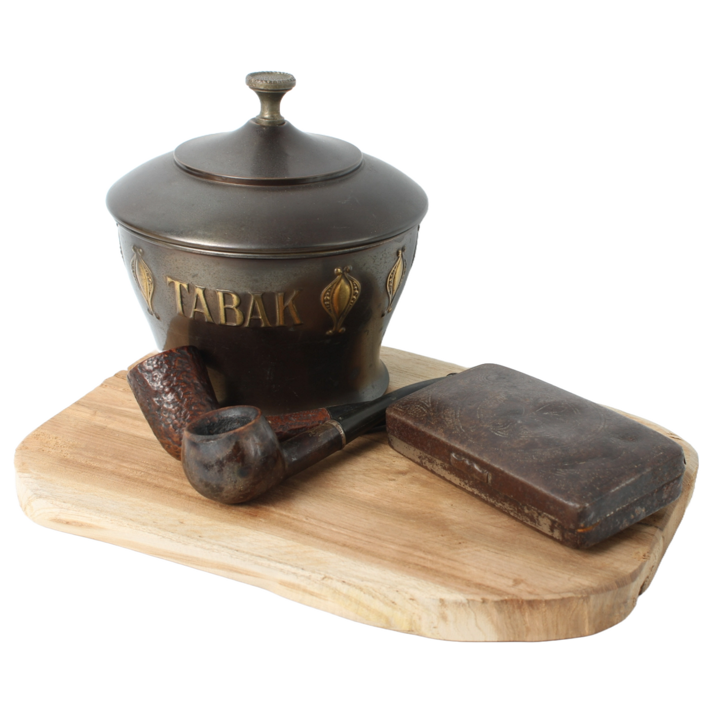Vintage metal tobacco jar with wooden pipes, tin box and rustic wooden tray