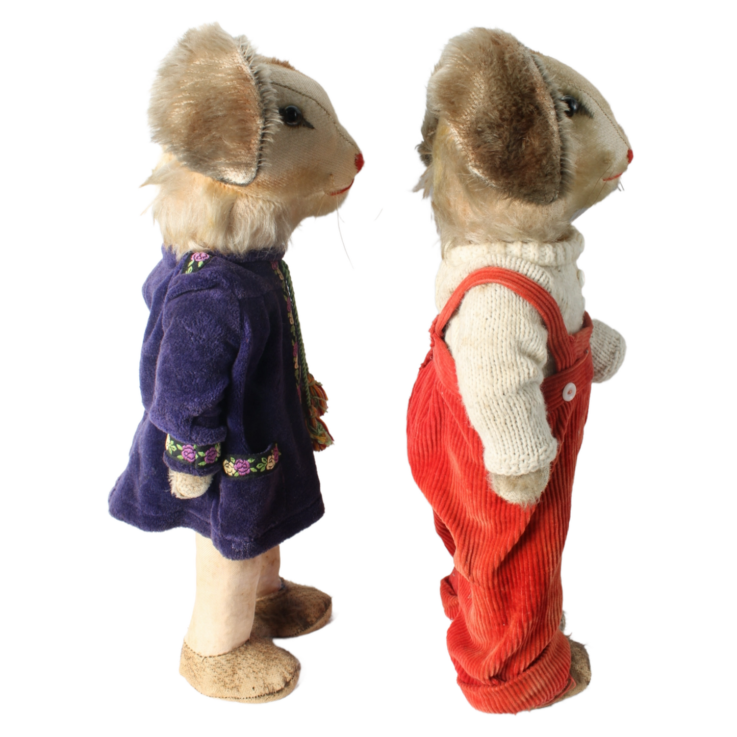 Antique Pair of Rabbit Dolls – Handmade Fabric Outfits – Rare Collectible Toy