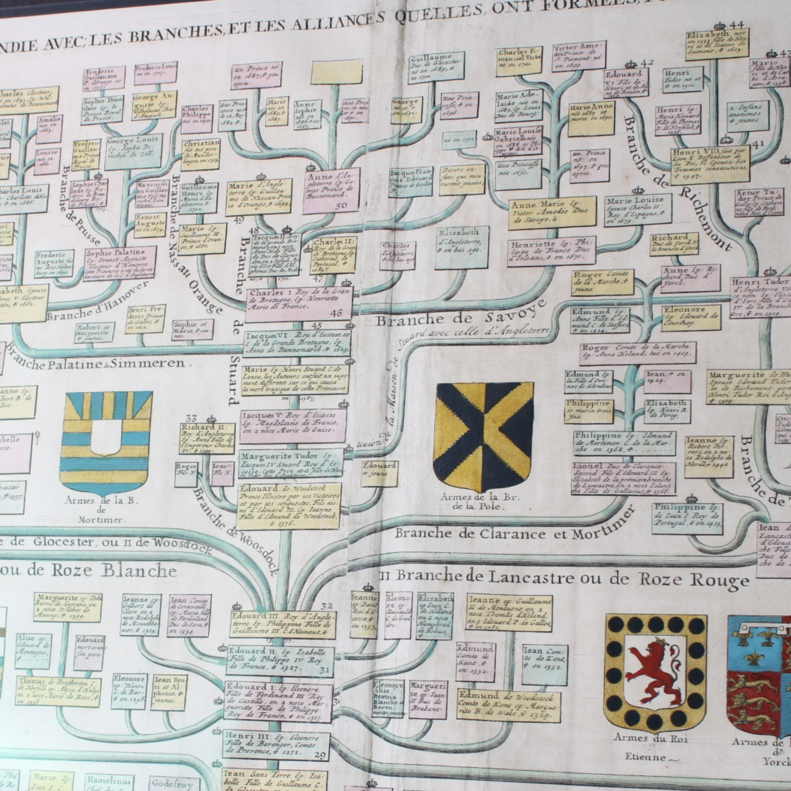 Unique 18th-Century Genealogical Map of the House of Plantagenet - Framed