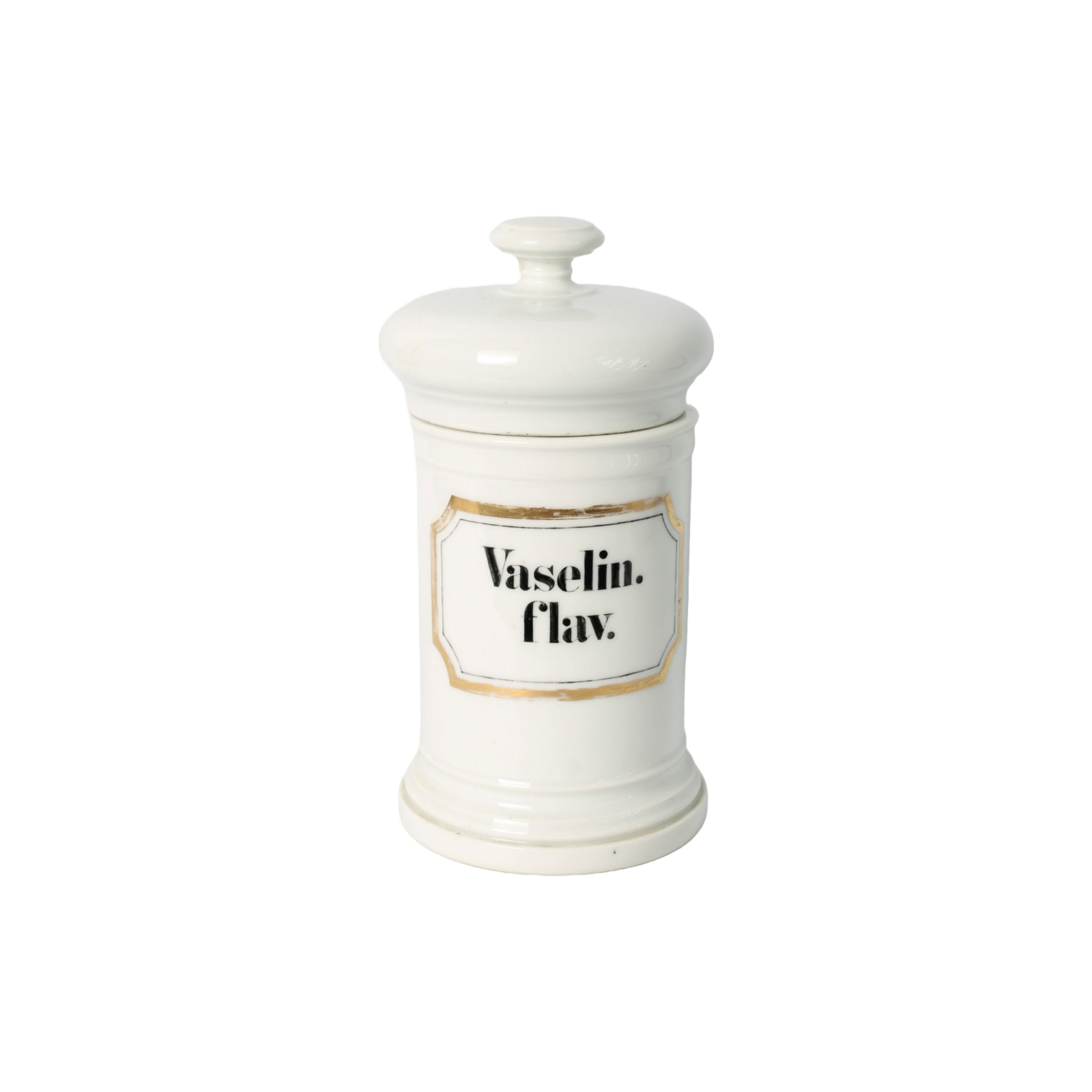 Vintage Apothecary Jar with "Vaselin. flav." Inscription and Gold Detailing