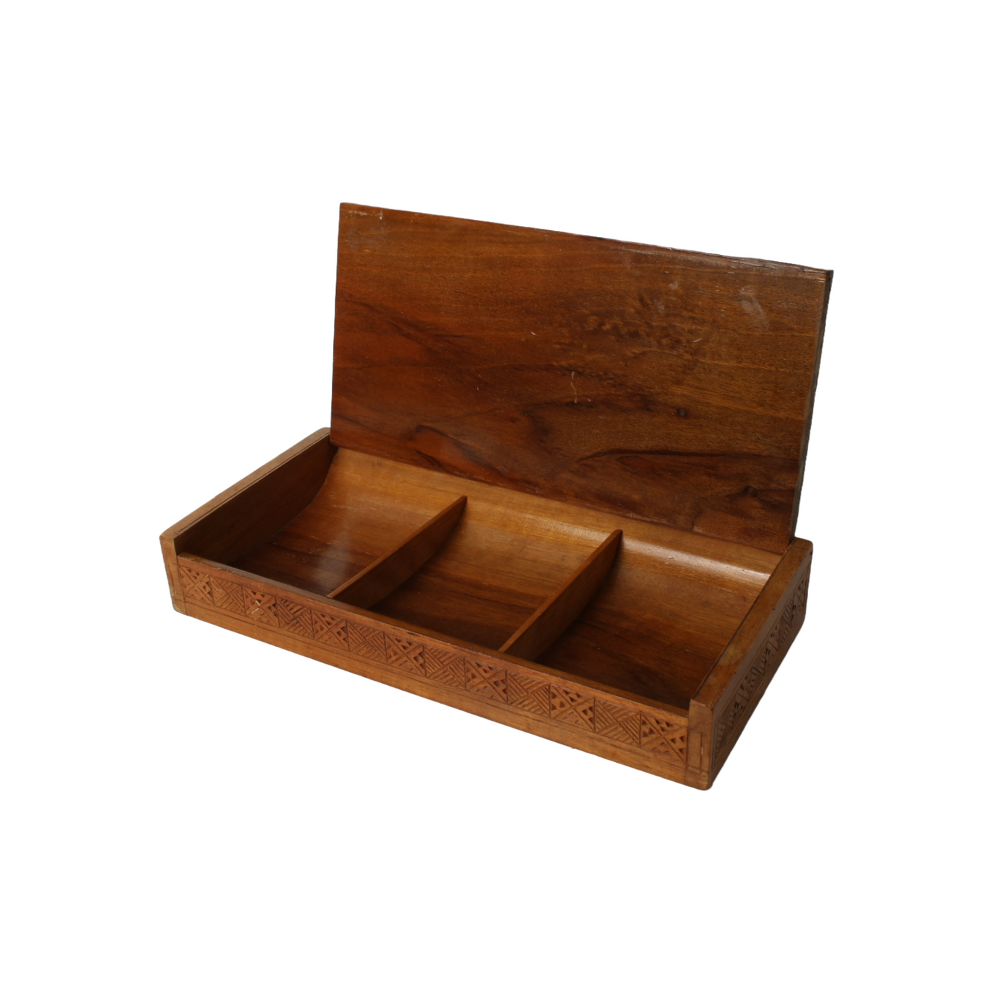 Antique Wooden Storage Box – Hand-Carved Geometric Design – Decorative and Funct