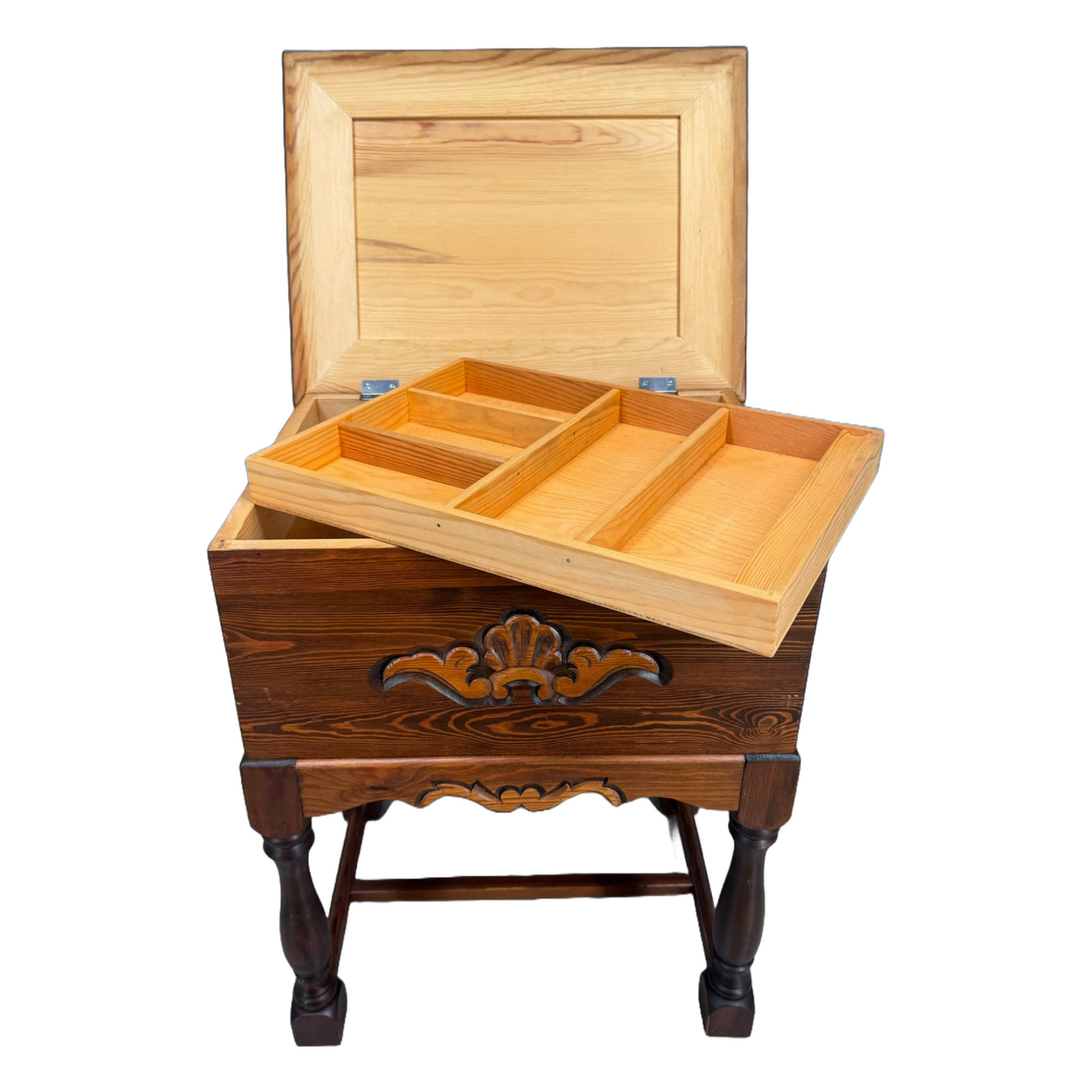 Vintage Scandinavian Sewing Chest on Legs with Hand-Carved Details