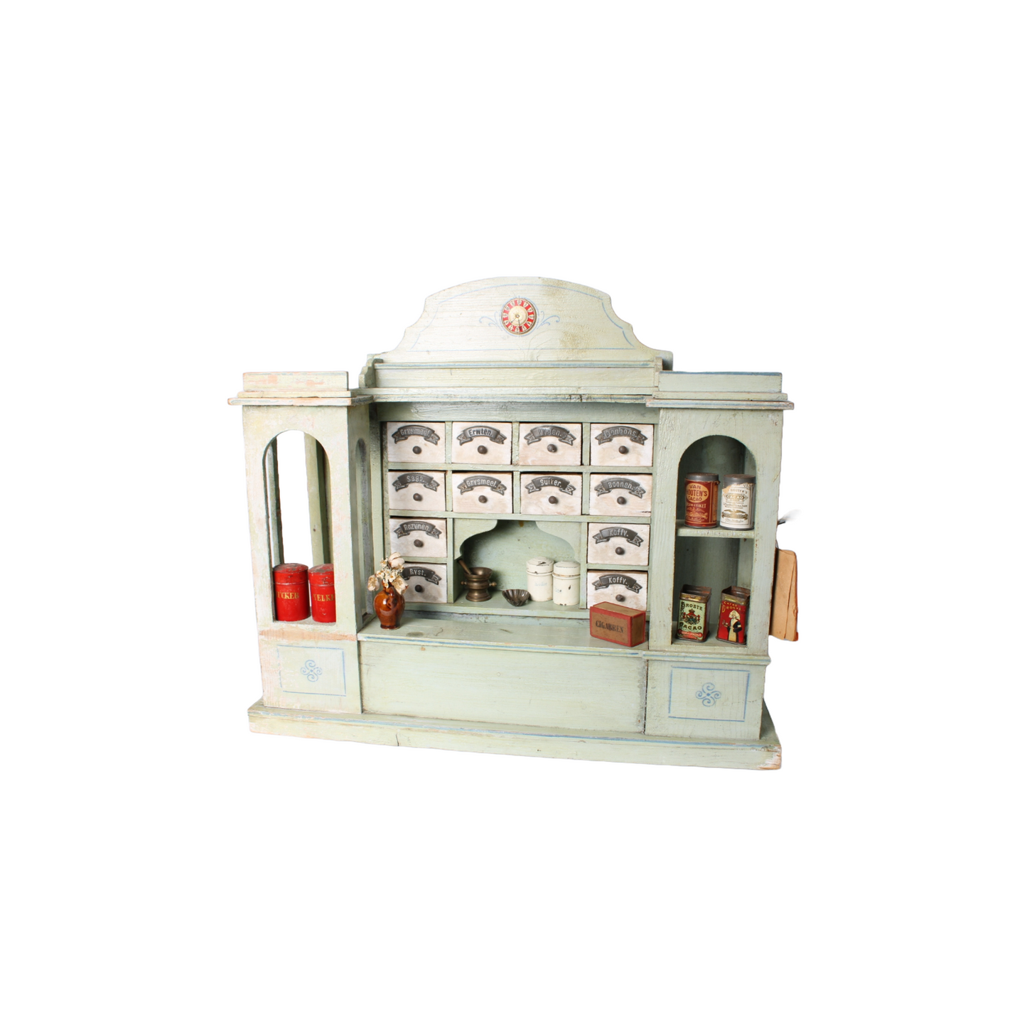 Antique Wooden Toy Grocery Store ca. 1900 with Original Drawers, Tins and Labels