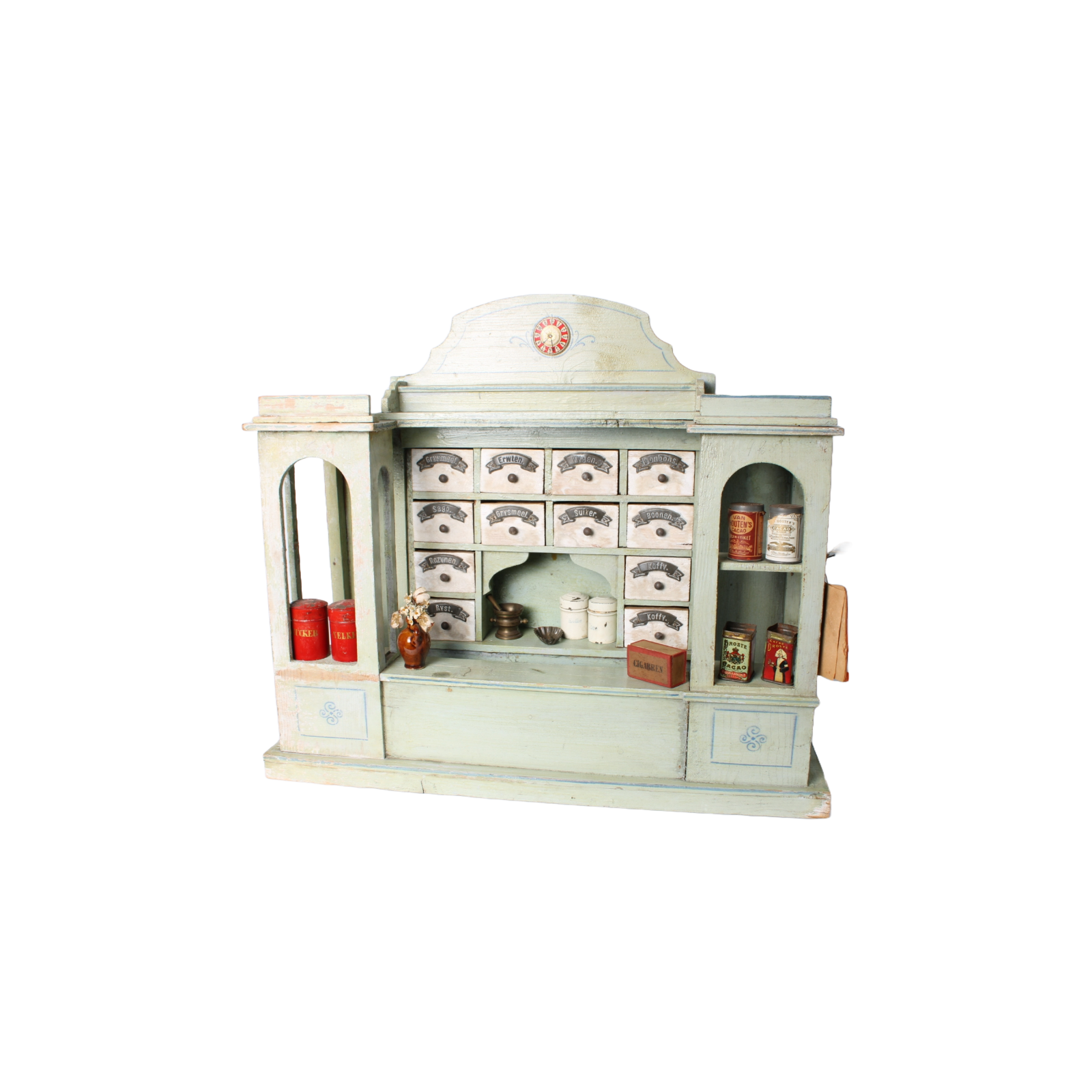 Antique Wooden Toy Grocery Store ca. 1900 with Original Drawers, Tins and Labels