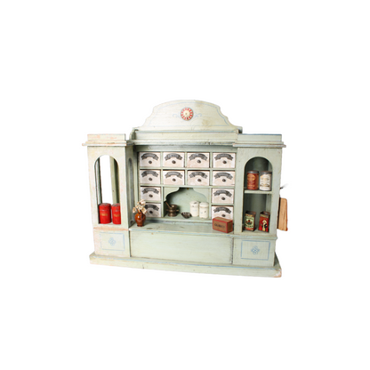 Antique Wooden Toy Grocery Store ca. 1900 with Original Drawers, Tins and Labels