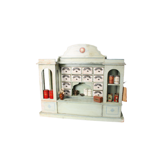 Antique Wooden Toy Grocery Store ca. 1900 with Original Drawers, Tins and Labels