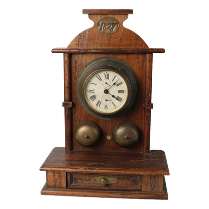 Antique Wooden Mechanical Alarm Clock with Double Bell, Drawer and Pendulum