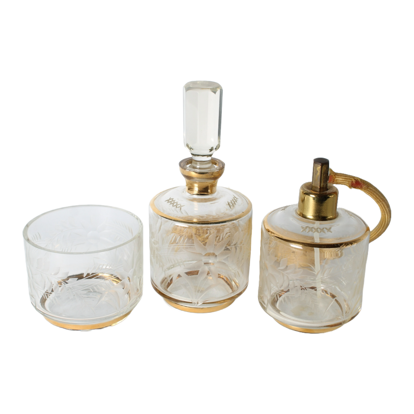 Antique Art Deco Perfume Set | Etched Glass with Gilding | Luxury Vanity