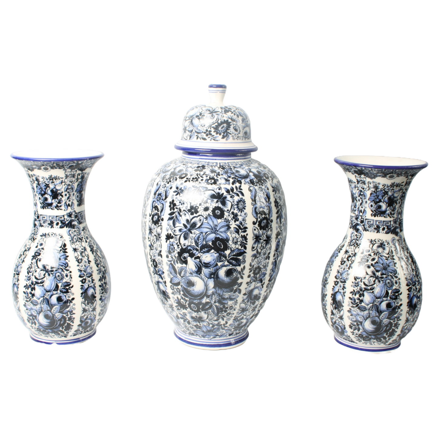 Set of Three Delft Blue Vases with Lidded Vase, Traditional Floral Motifs