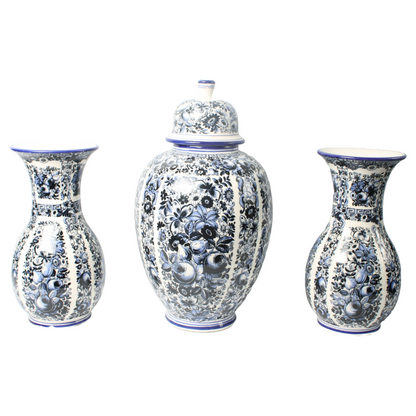 Set of Three Delft Blue Vases with Lidded Vase, Traditional Floral Motifs