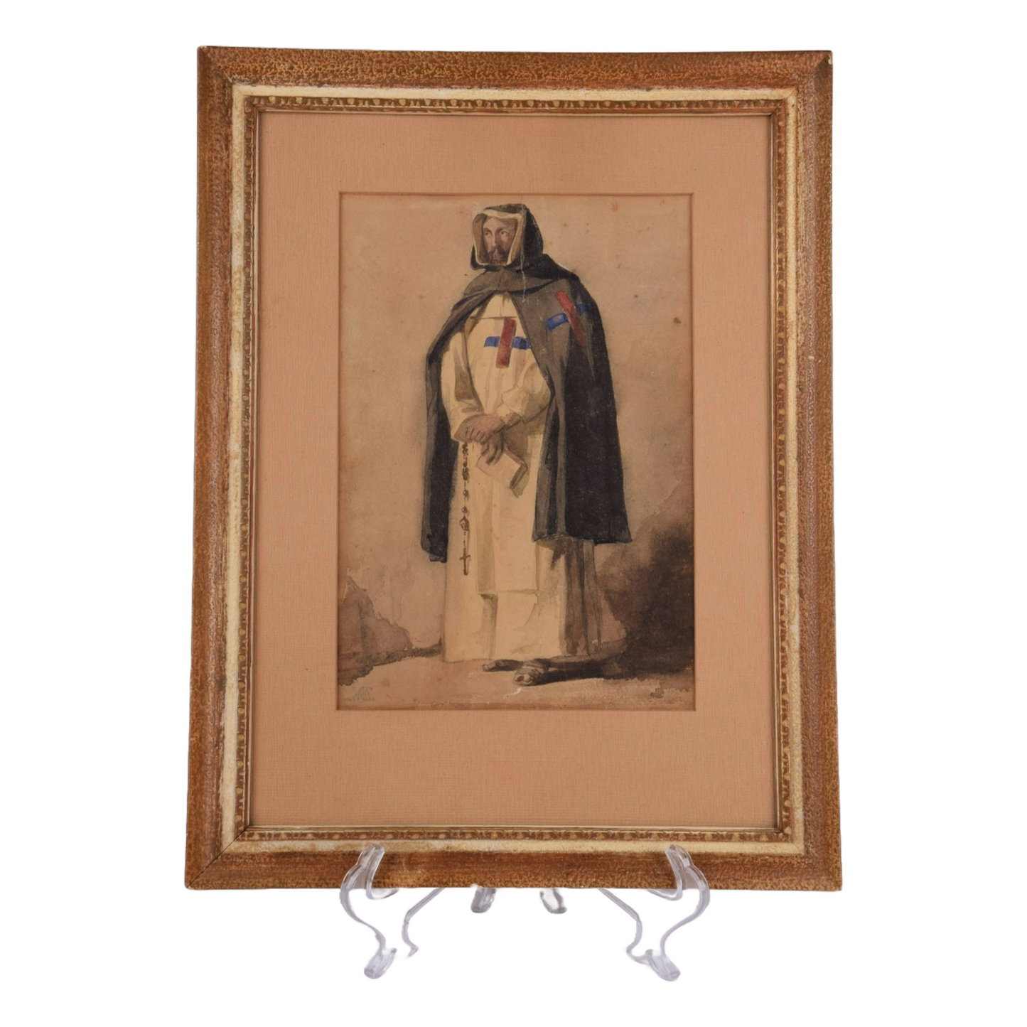 19th Century Watercolor of a Trinitarian Monk with Red-Blue Cross | Framed