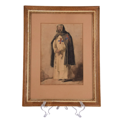 19th Century Watercolor of a Trinitarian Monk with Red-Blue Cross | Framed