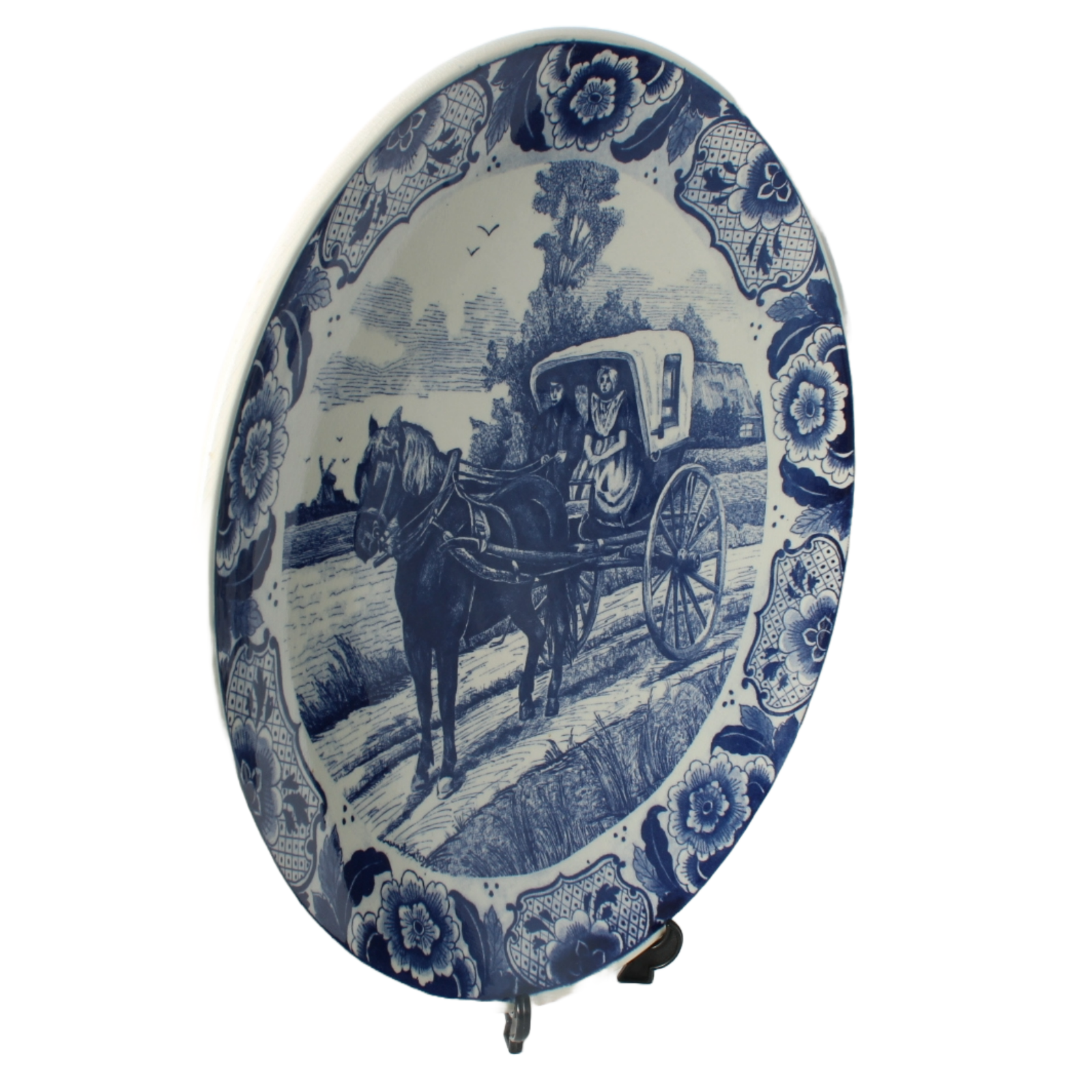 Large Hand-Painted Delft Blue Chemkefa Plate with Horse and Carriage Scene