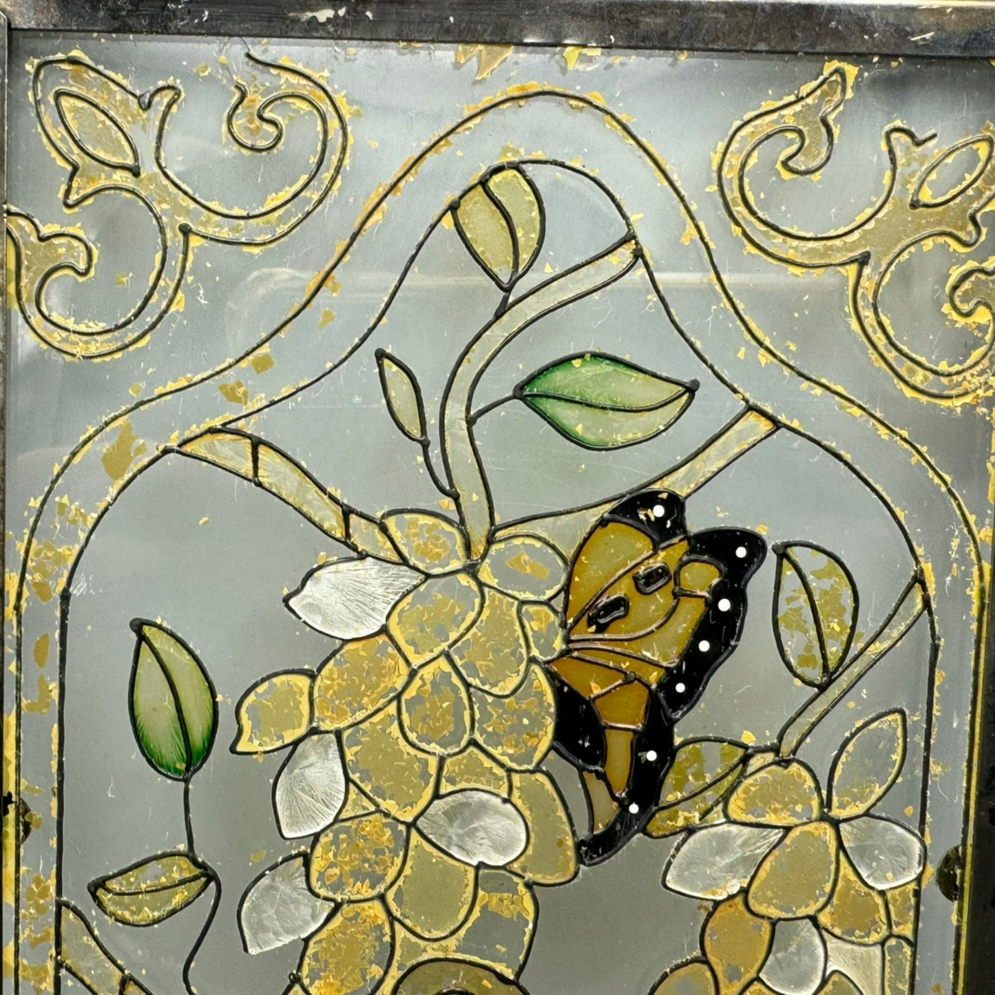 Vintage Hand-Painted Glass Panel, Butterfly and Floral Motif, Unique 1960s Artwo
