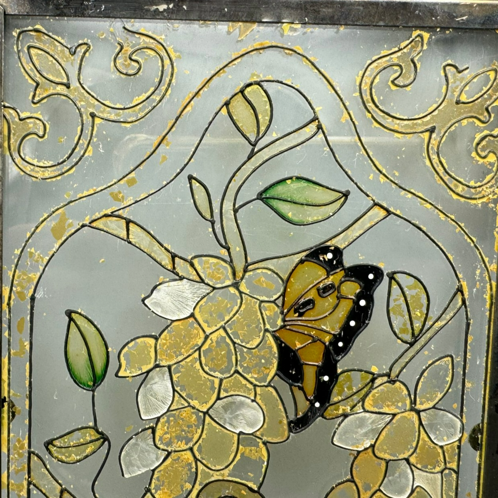 Vintage Hand-Painted Glass Panel, Butterfly and Floral Motif, Unique 1960s Artwo