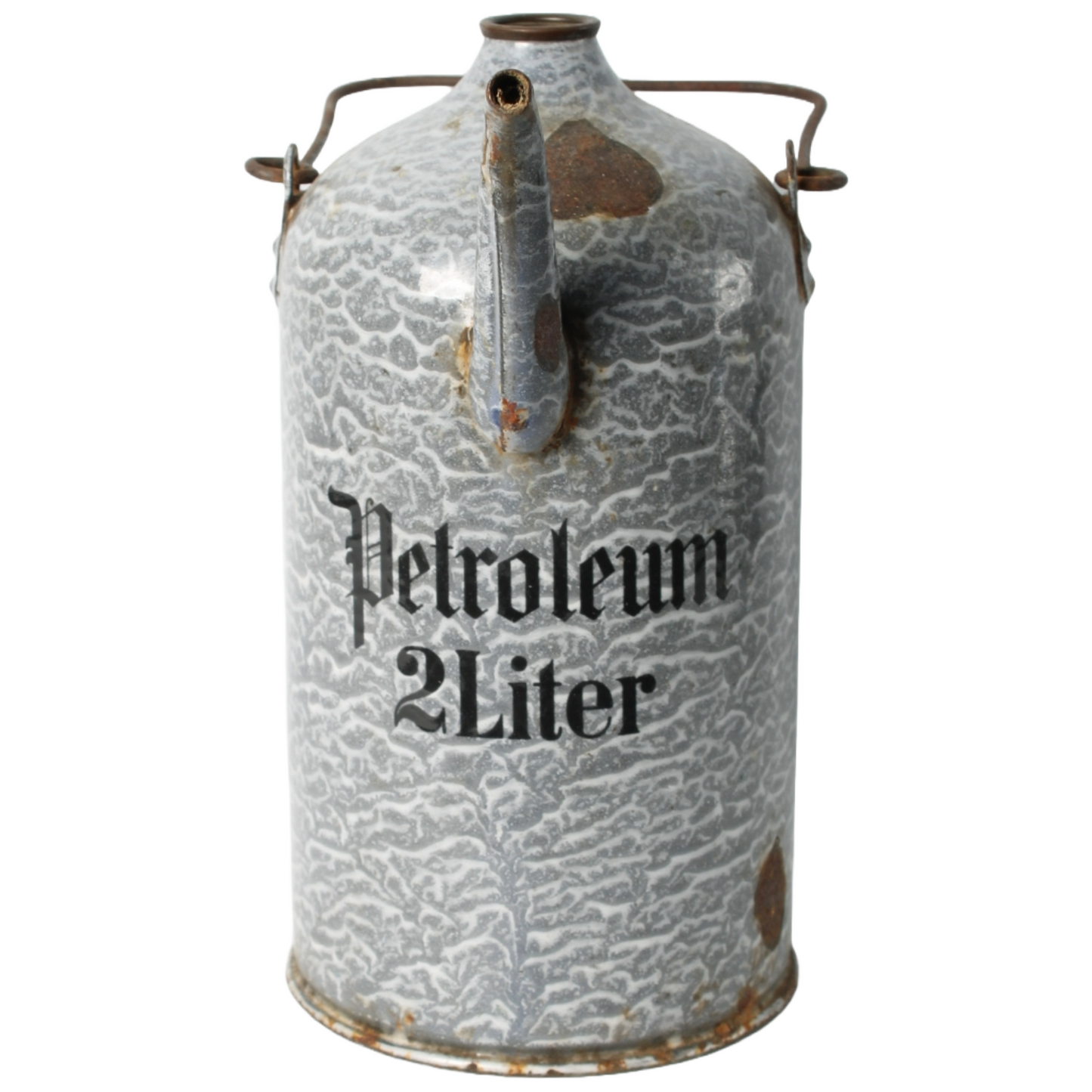Vintage Enamel Petroleum Can 2 Liter, Gray Marbled Design, Early 20th Century