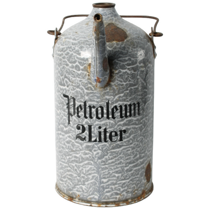 Vintage Enamel Petroleum Can 2 Liter, Gray Marbled Design, Early 20th Century