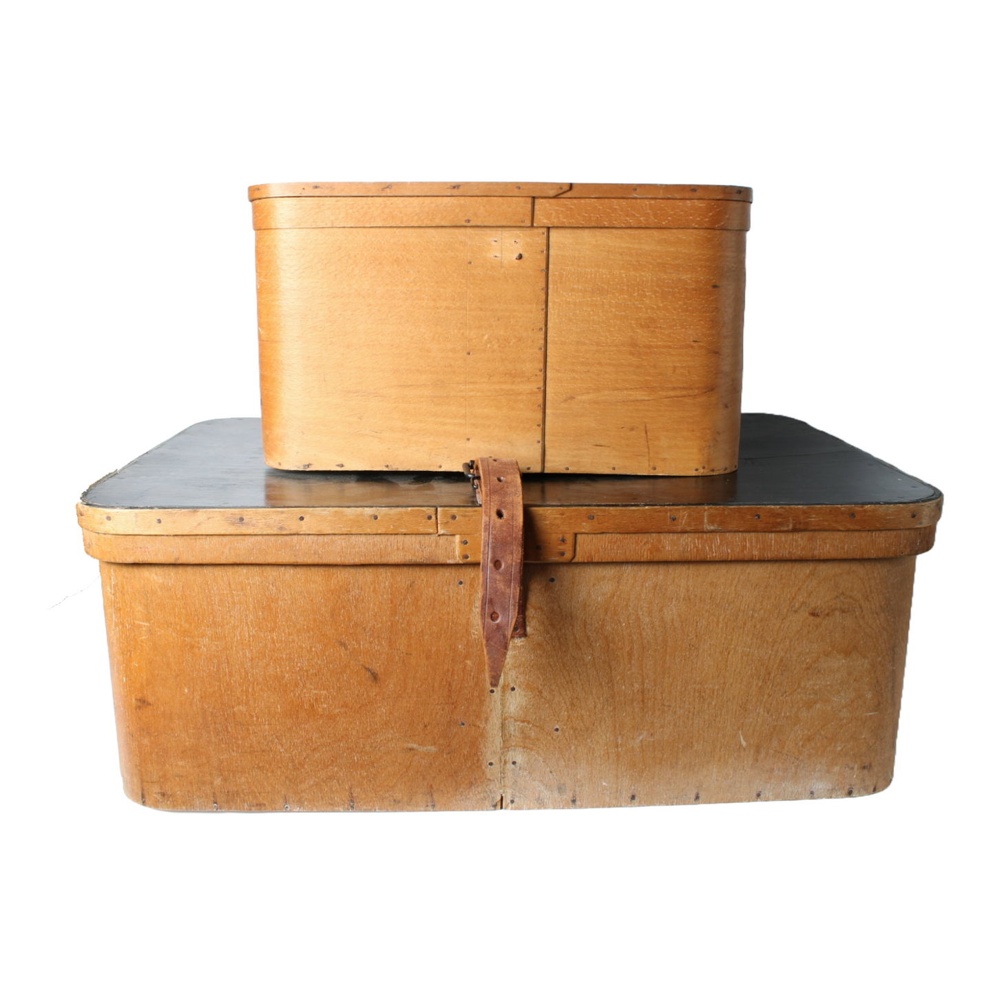 Vintage Wooden Hat Boxes | Spun Wood Construction | Leather Strap | 1900-1930 |