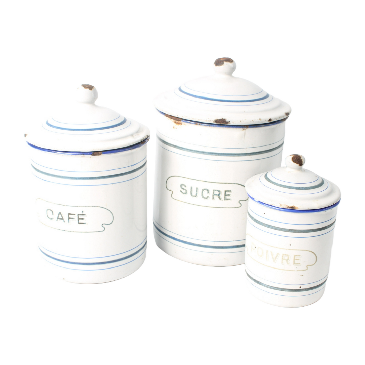 Set of Three Antique Enamel Canisters – "Sucre", "Café", and "Poivre"