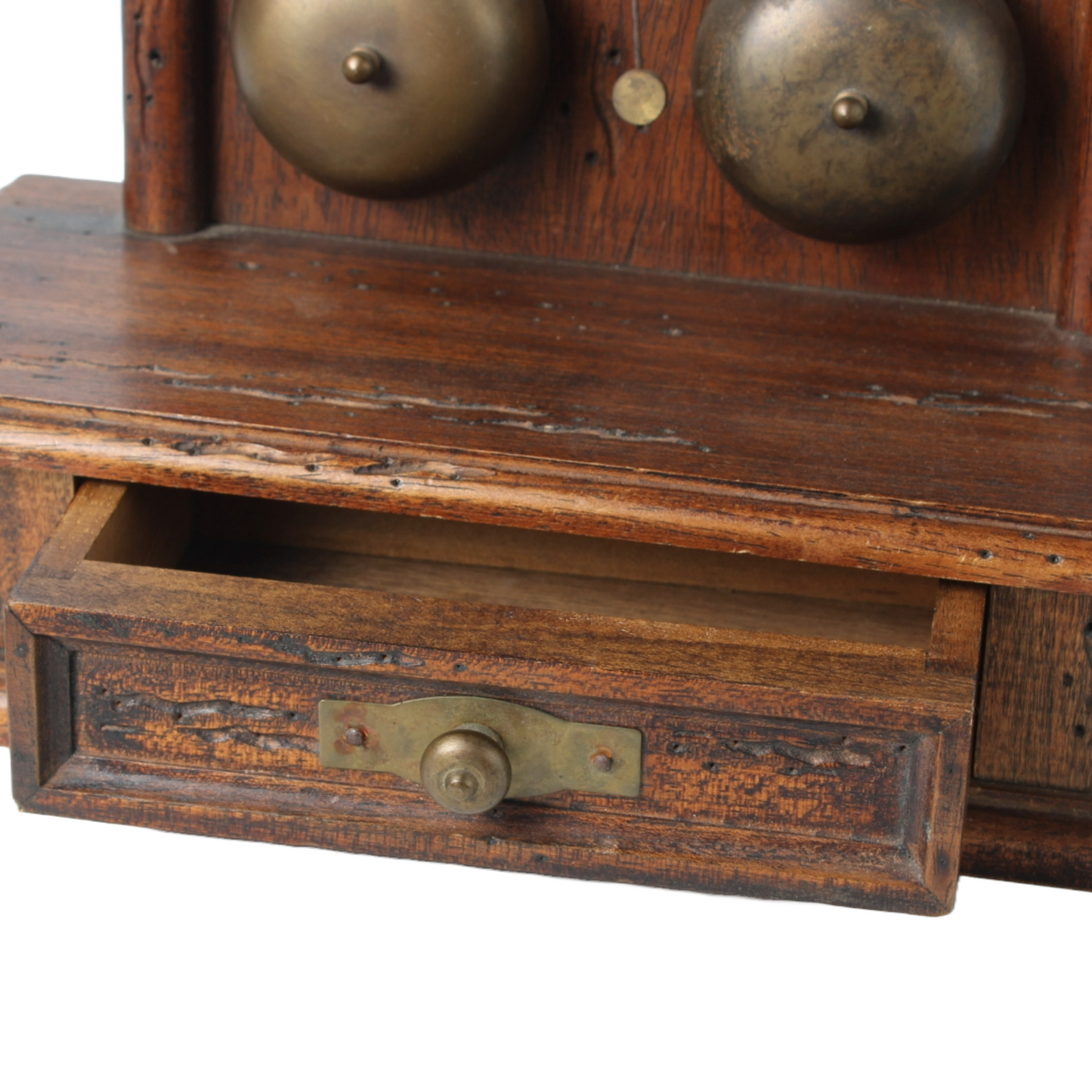 Antique Wooden Mechanical Alarm Clock with Double Bell, Drawer and Pendulum