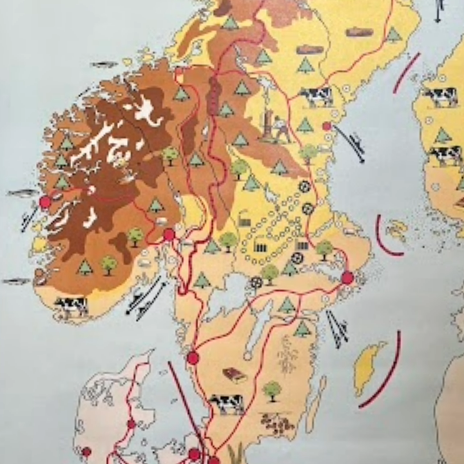 Vintage Scandinavian & Finland School Map on Canvas with Wooden Rods
